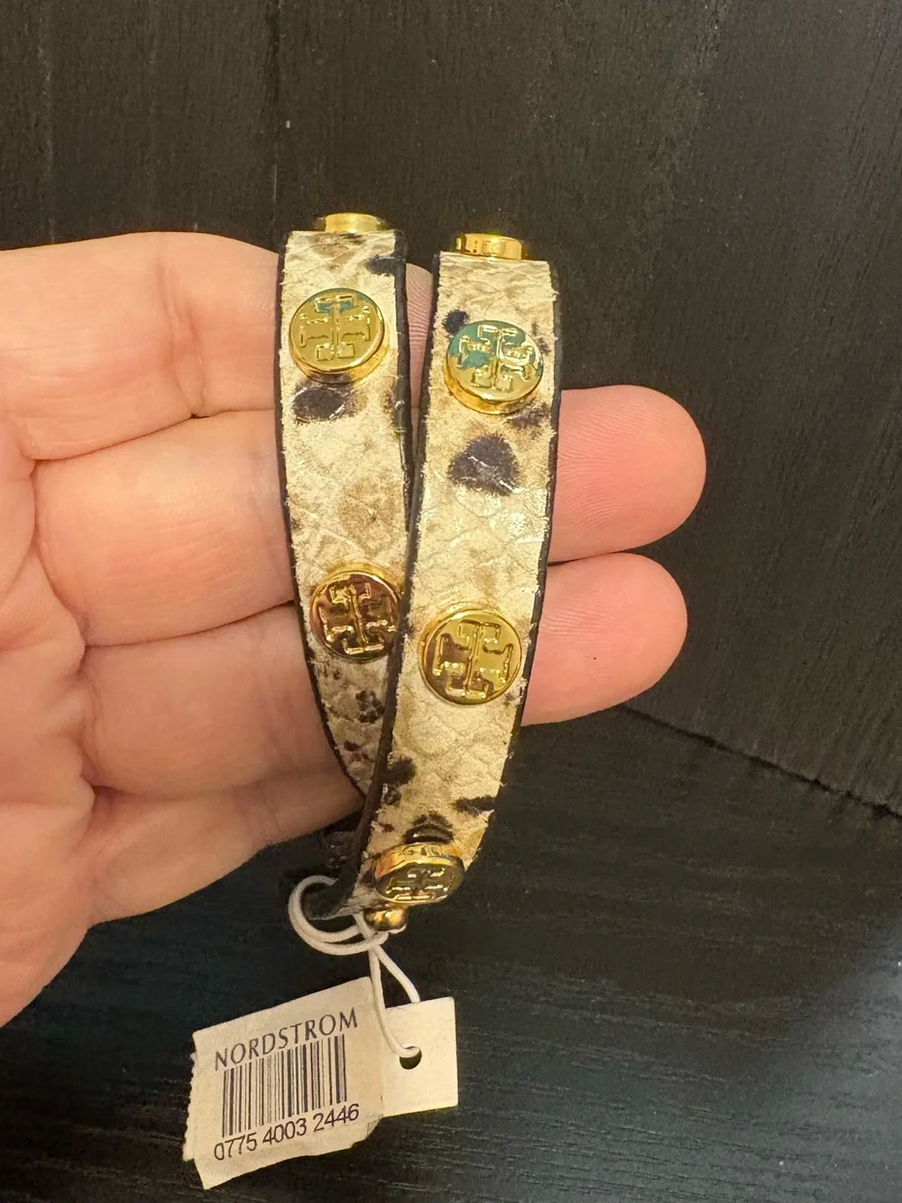 tory Burch, rap bracelet snake skin embossed 15 inches cream black new net